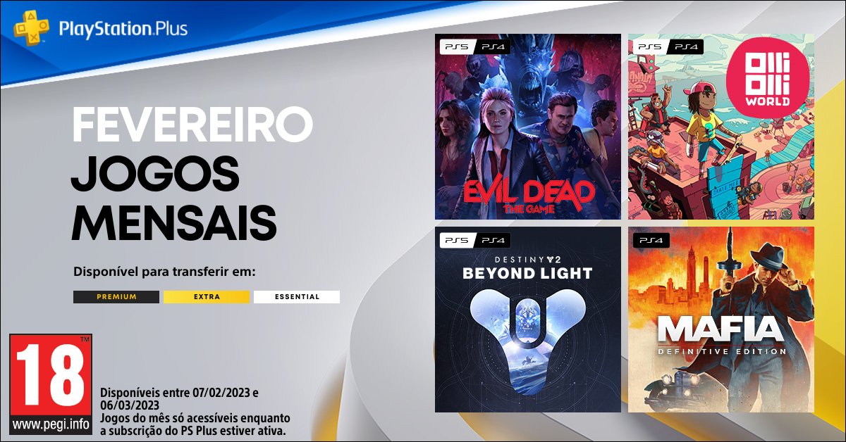 PlayStation Portugal - Os teus jogos mensais do PlayStation Plus de  fevereiro são: 🪐 Destiny 2: Beyond Light 🧟 Evil Dead: The Game 🛹  OlliOlliWorld 🕵️‍♂️ Mafia: The Definitive Edition Todos os