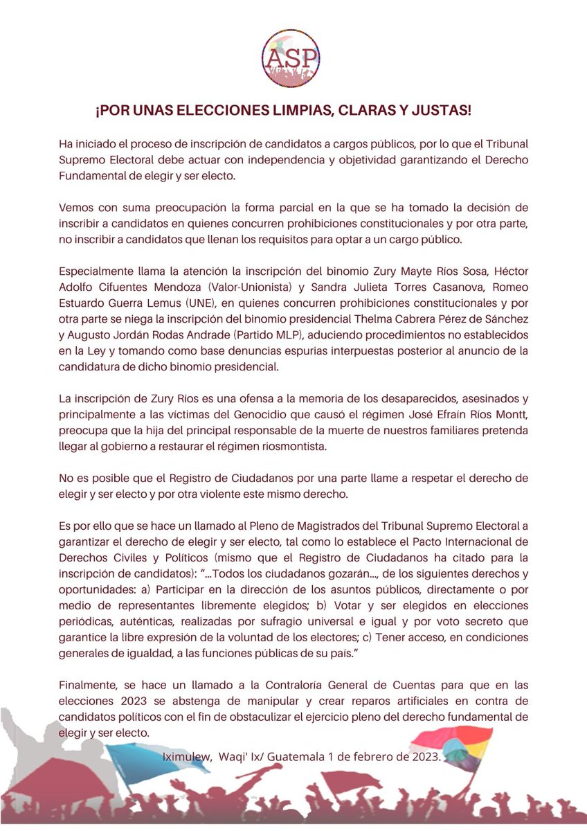 Las organizaciones miembros de la Asamblea Social y Popular, exigimos ELECCIONES LIMPIAS, CLARAS Y JUSTAS. También el respeto al orden constituciona.