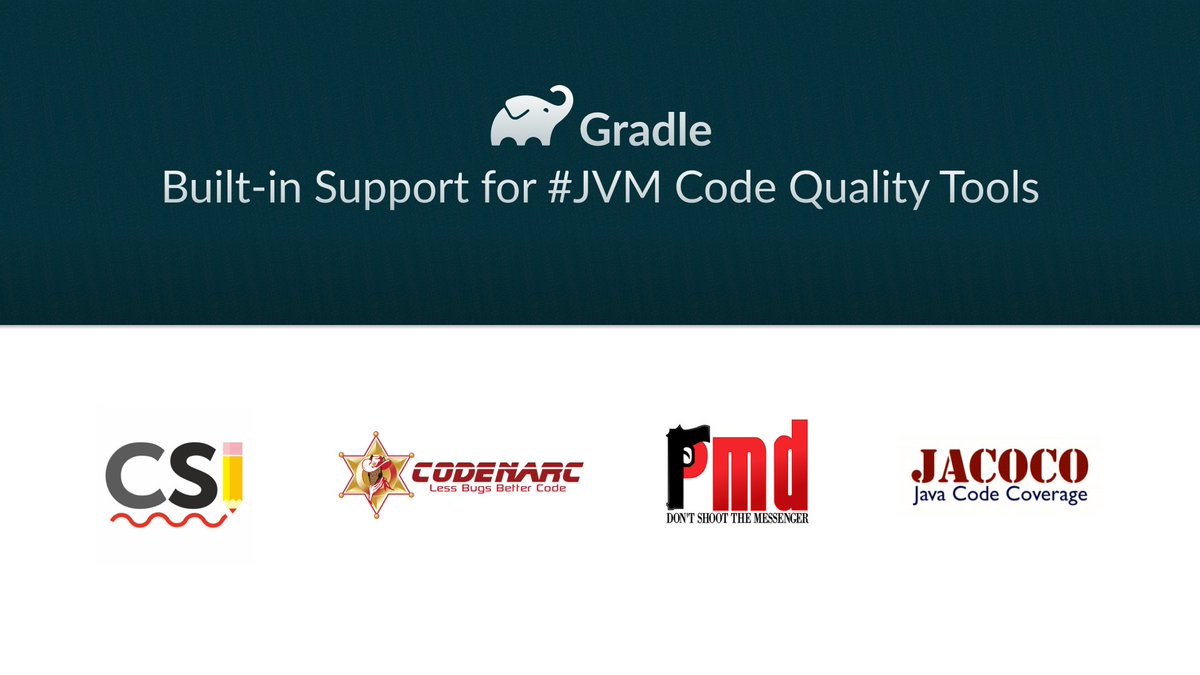 gradle's tweet photo. Built-in Support for #JVM Code Quality Tools - The #Gradle distribution includes #plugins for:
#Checkstyle - https://t.co/n268KJNZ8T
#CodeNarc - https://t.co/wJydffLSpm
#PMD - https://t.co/O8QAo4WoyP
#JaCoCo - https://t.co/2biWxl7xgR
and many others. https://t.co/D3SCx5bdX8