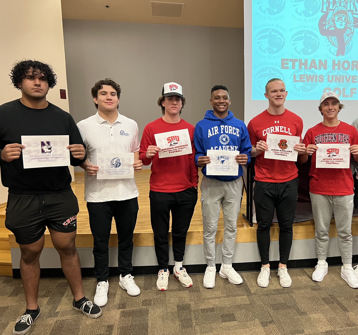 RidgeFootball (@mtridgefootball) on Twitter photo Signing Day Success! Congrats!
Alex Doost- Northwestern
Jason Kirkland- Cornell
Christian Aguilar- Drake University
Jayden Rogers- Southern Utah
Brendan Anderson- Southern Utah
Korey Johnson- Air Force Academy #NSD23 <a href="/mrhs_athletics/">Mountain Ridge Athletics</a> <a href="/artichokenation/">Coach Doug Madoski</a> <a href="/gridironarizona/">Gridiron Arizona</a> Signing Day Success! Congrats!
Alex Doost- Northwestern
Jason Kirkland- Cornell
Christian Aguilar- Drake University
Jayden Rogers- Southern Utah
Brendan Anderson- Southern Utah
Korey Johnson- Air Force Academy #NSD23 <a href="/mrhs_athletics/">Mountain Ridge Athletics</a> <a href="/artichokenation/">Coach Doug Madoski</a> <a href="/gridironarizona/">Gridiron Arizona</a>