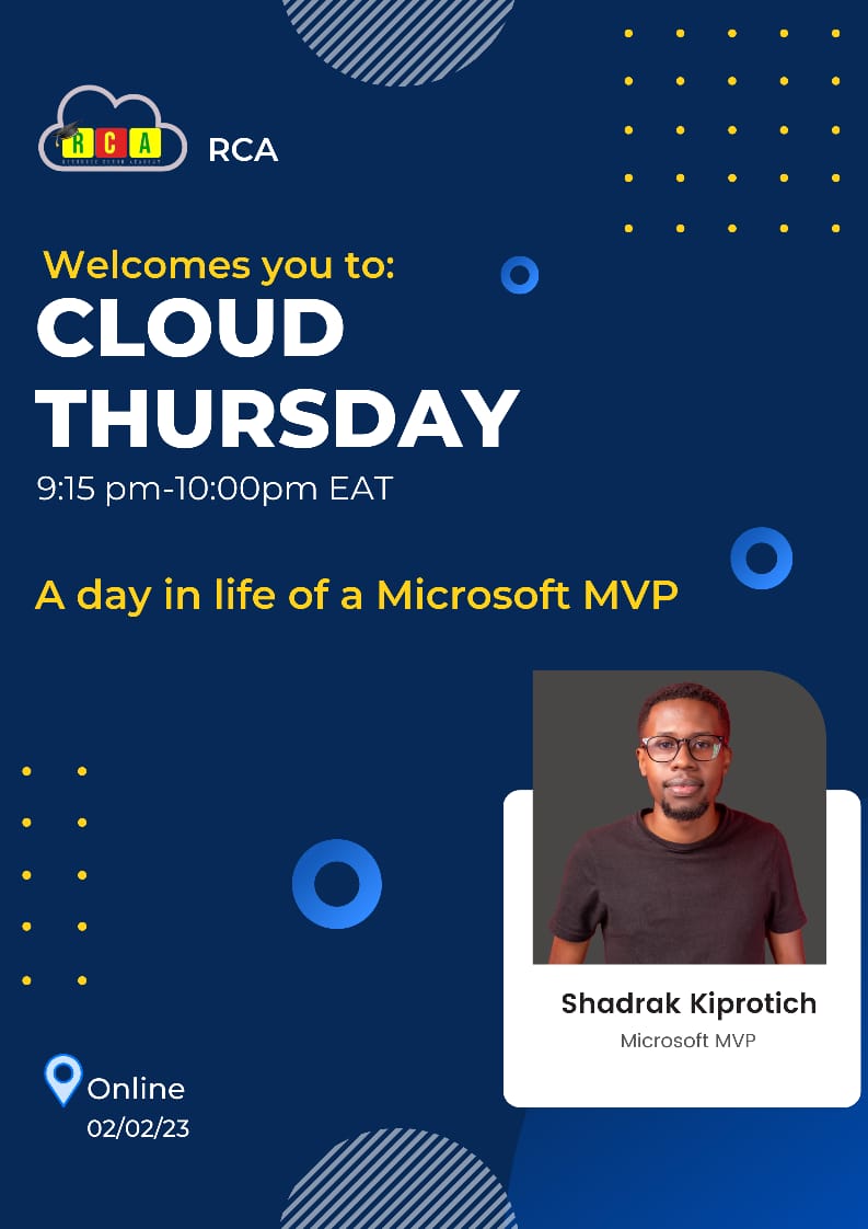 WachiraZippy's tweet photo. RCA welcomes you to: A day in the life of a Microsoft MVP🥳
#cloudthursday #rca https://t.co/fV54YsYBus
