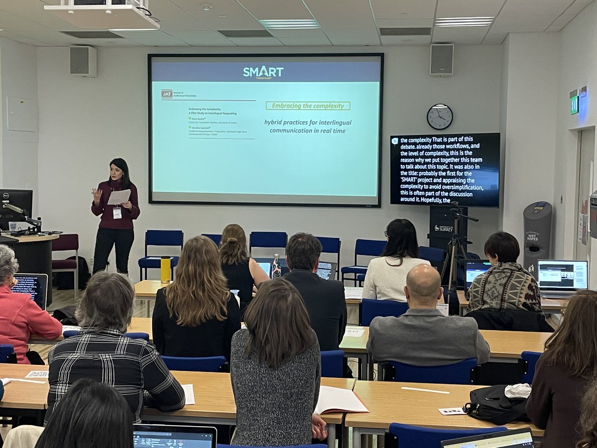 CTS_Surrey's tweet photo. Session 1 on #realtime #communication has covered interlingual and intralingual live-subtitling relying on #respeaking, #ASR, #MT, #interpreters and more from a #professional and #research POV. https://t.co/Tpvp8kryHm