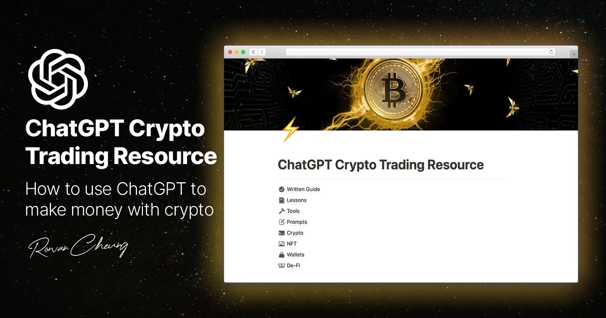 rowancheung's tweet image. You can use ChatGPT as a FREE crypto trading assistant.

But most people don't know how.

So I built a ChatGPT Crypto Trading Resource.

Like, Retweet, Follow, Comment 'dm'

&amp;amp; I'll DM it to you, for free