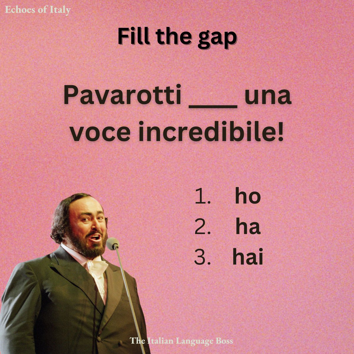 Ciao🏛️📚
 
Fill the gap using the verb 'avere' ✍️

Do you like Luciano Pavarotti? 🎶

#langtwt #Quiz #languages   #イタリア #aprender  #idiomaitaliano #QuizTime  #ιταλία #línguaitalia #italienischlernen   #이탈리아 #итальянскийязык #apprendreitalien #italyan  #учитьитальянски