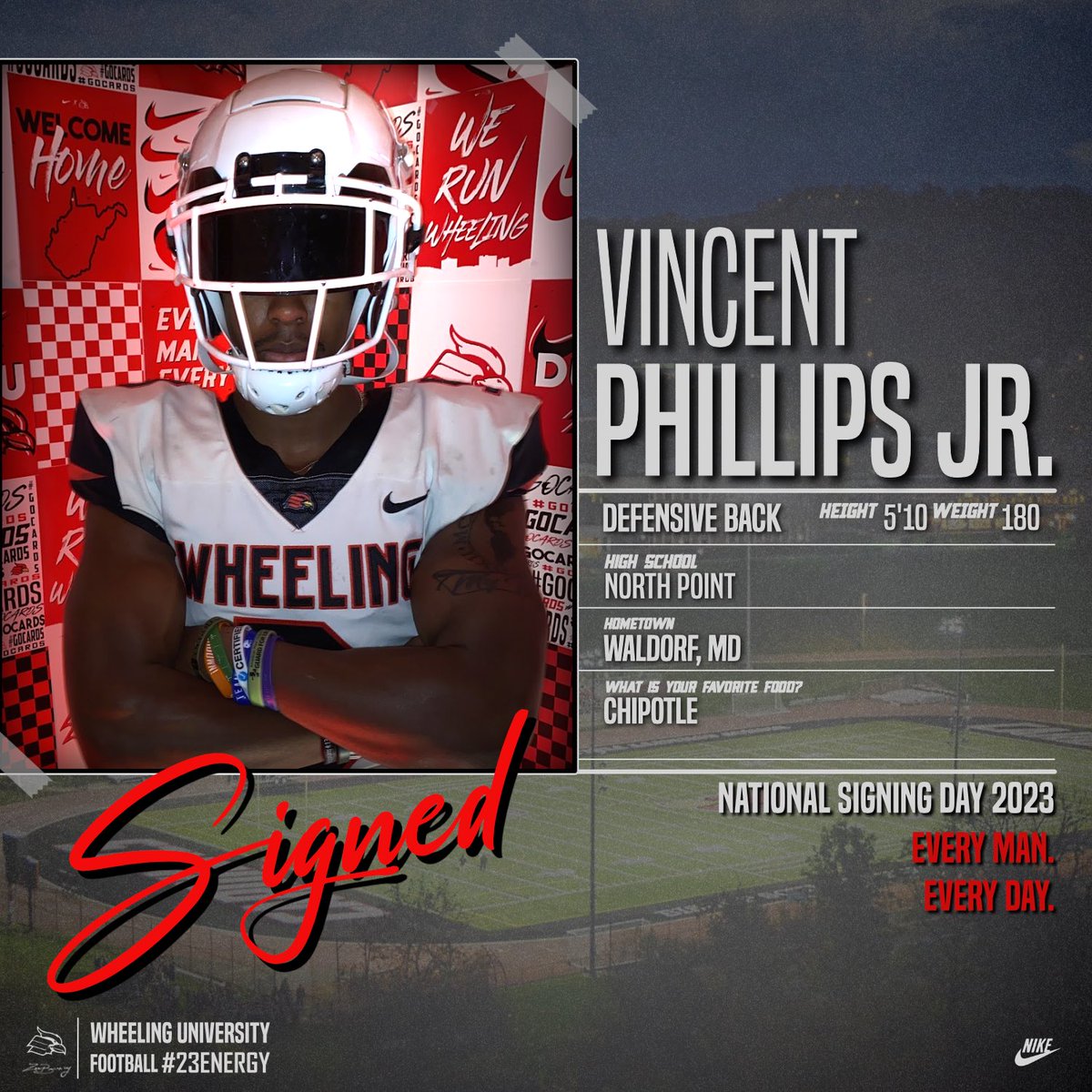WheelingU_FB's tweet photo. 🔥💯| #23ENERGY

✍🏾| Vincent Phillips Jr.
📱| @V1ncentPhillips 
📍| North Point HS (MD)
🚨| Defensive Back
📋| 5’10” 180
🎥| https://t.co/Ii9RGmJudL

#Team6 | #NSD23 | #FAMILY https://t.co/pSo7LlAYCq