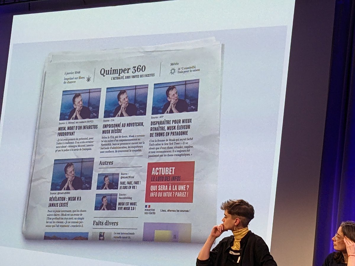 #forumdesfuturs2023 3e artefact présenté par <a href="/maxmollon/">Max Mollon (Ph.D.)</a> - la une d'un journal qui propose différentes versions d'un même fait d'actualité...