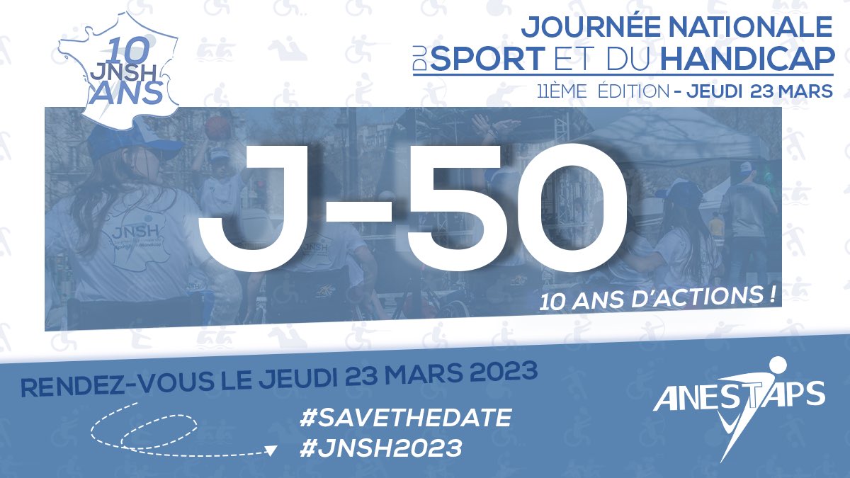 JNSHandicap's tweet image. [#JNSH2023 🦾] 

J-5️⃣0️⃣ avant la Journée Nationale du Sport et du Handicap ! 🙌

🔟 ans de travail, 🔟 ans d’actions, mais aussi 🔟 ans d’engagements pour un sport plus inclusif !

🗓️ Rendez vous le 23 Mars 2023 sur l’ensemble du territoire !

#SAVETHEDATE ❕