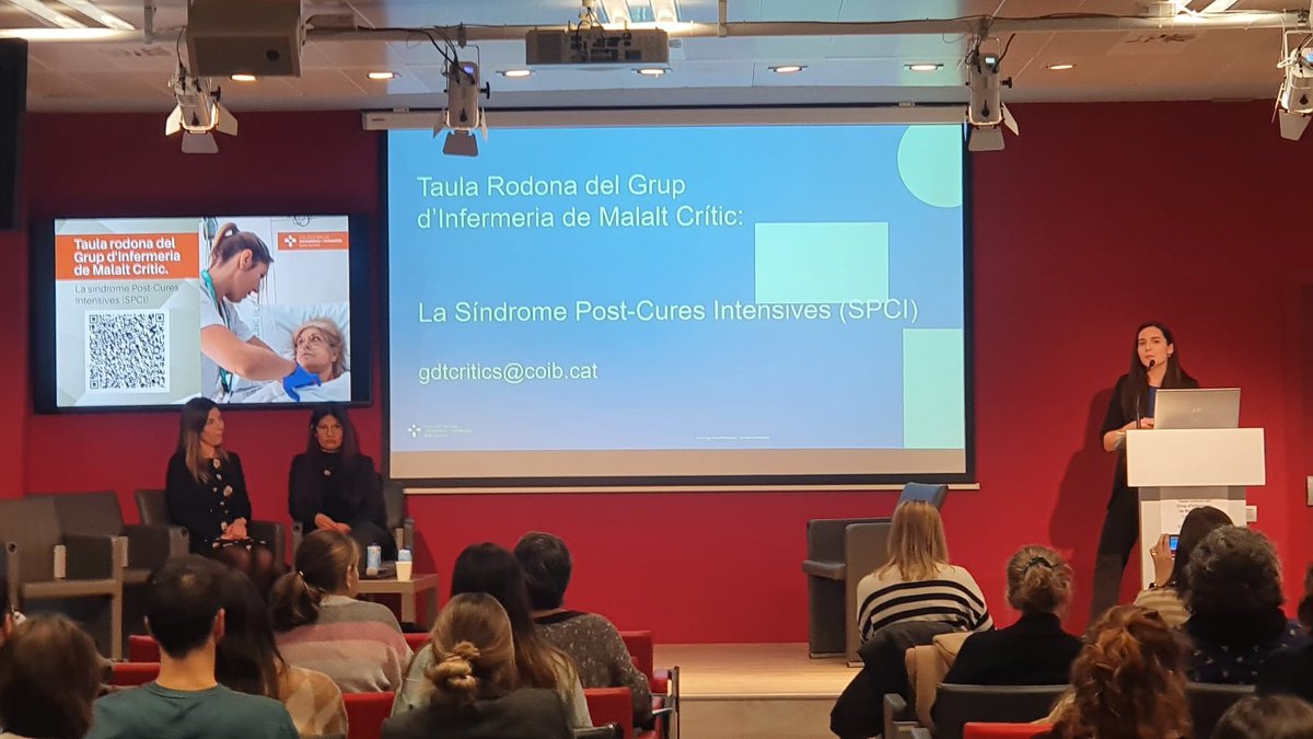 COIBarcelona's tweet photo. 🔛Comencem la taula rodona del Grup d'Infermeria de #MalaltCrític "La síndrome Post-Cures Intensives" #SPCI, organitzada pel grup de malalt crític del #COIB. Parlem de la seva prevenció i tractament amb professionals i una persona que l'ha patit https://t.co/gQ8jIyTZJW