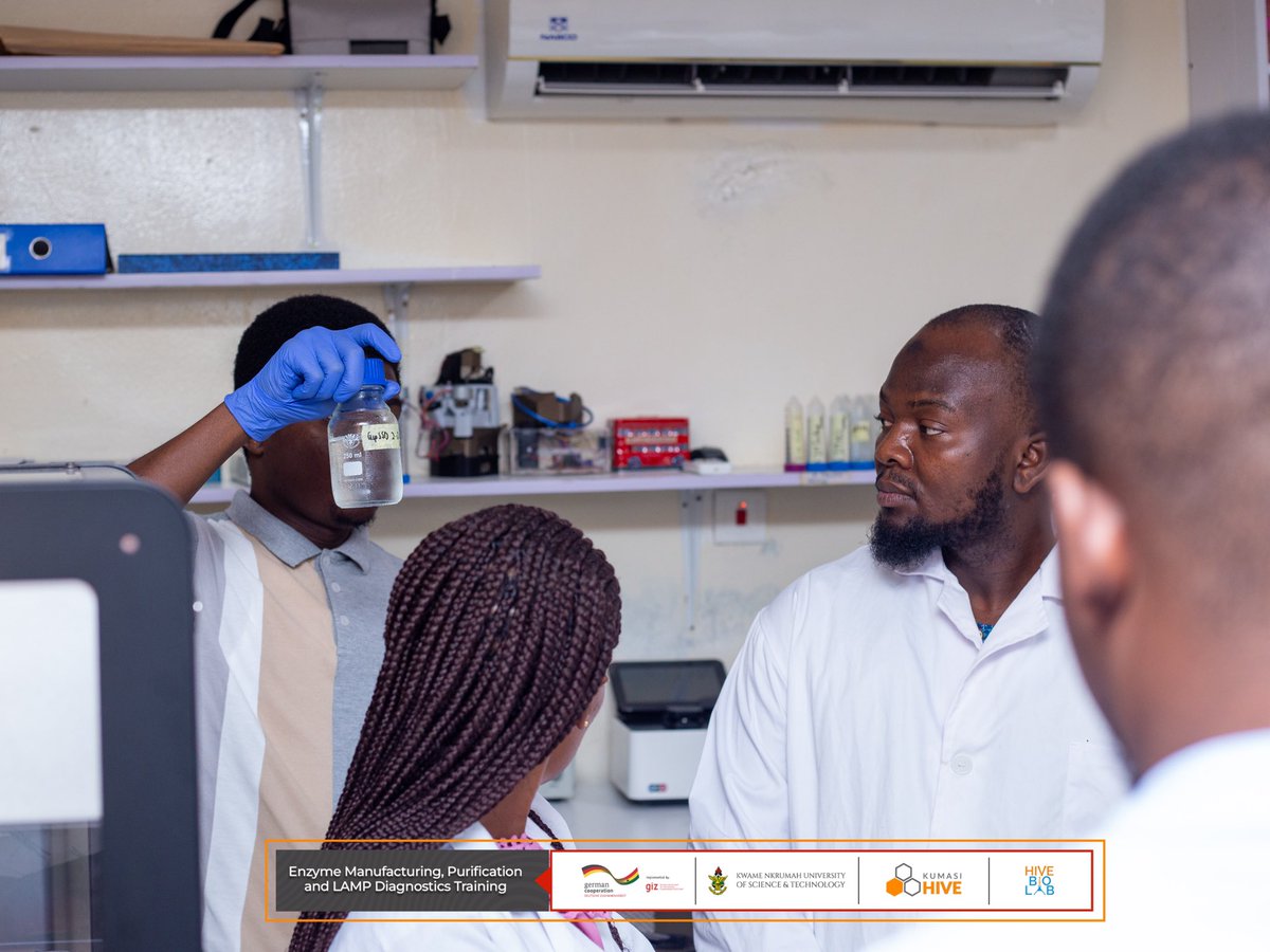 KumasiHive's tweet photo. GIZ Ghana in partnership with Kumasi Hive and KNUST has started Enzyme Manufacturing, purification, and LAMP Diagnostics training for lab scientists in and around Kumasi.
#HiveTribe #HiveTraining #HiveImpact #HiveBiolab #Ghana #EnzymeProduction #EnzymesInIndustry https://t.co/YLlti8r5RE