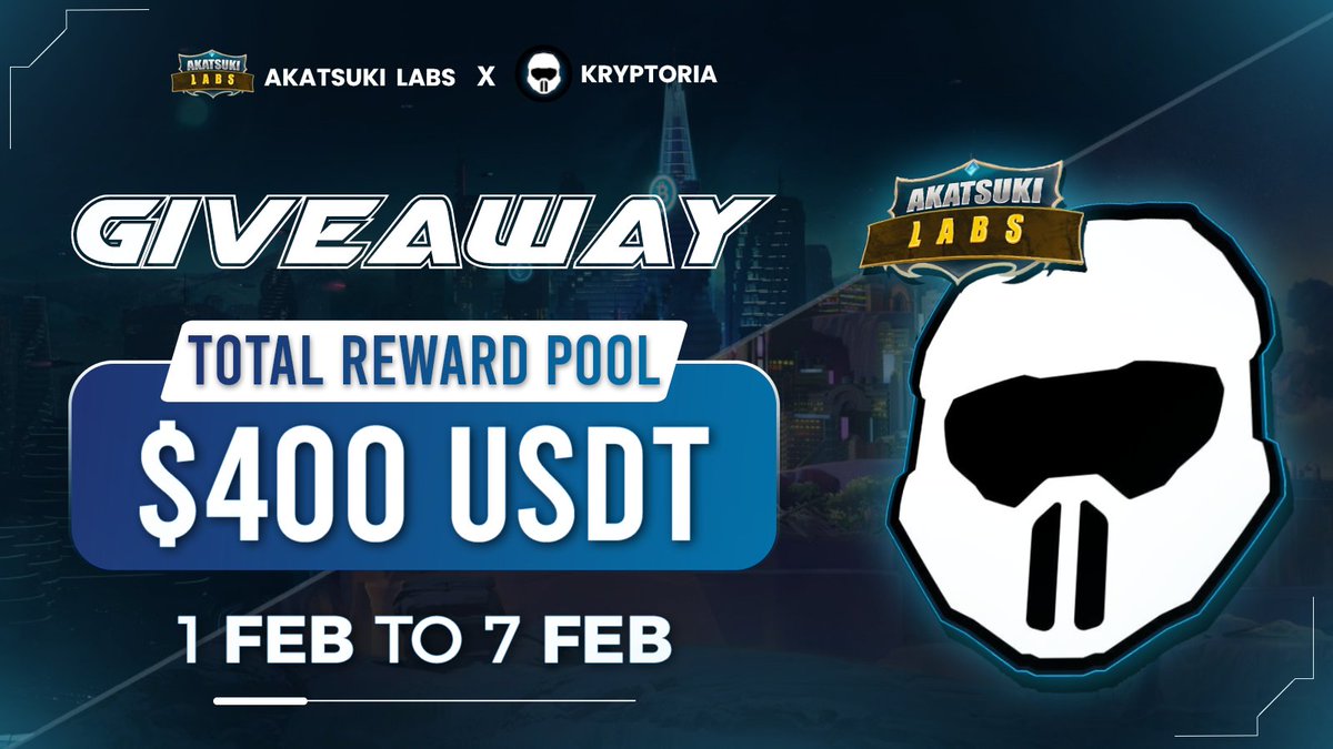 ⚔️ Akatsuki Labs x <a href="/Kryptoria/">Kryptoria</a>

🎁 Total Reward Pool $400 USDT 

To Enter - 
1️⃣ Follow <a href="/AkatsukiLabs/">Akatsuki Labs</a> &amp; <a href="/Kryptoria/">Kryptoria</a>
2️⃣ ❤️,RT &amp; Tag 3 friends
3️⃣ Finish Gleam Task 👉 wn.nr/kfzqhc

⏰ 07 February 
#Airdrop #AkatsukiLabs #Giveaway