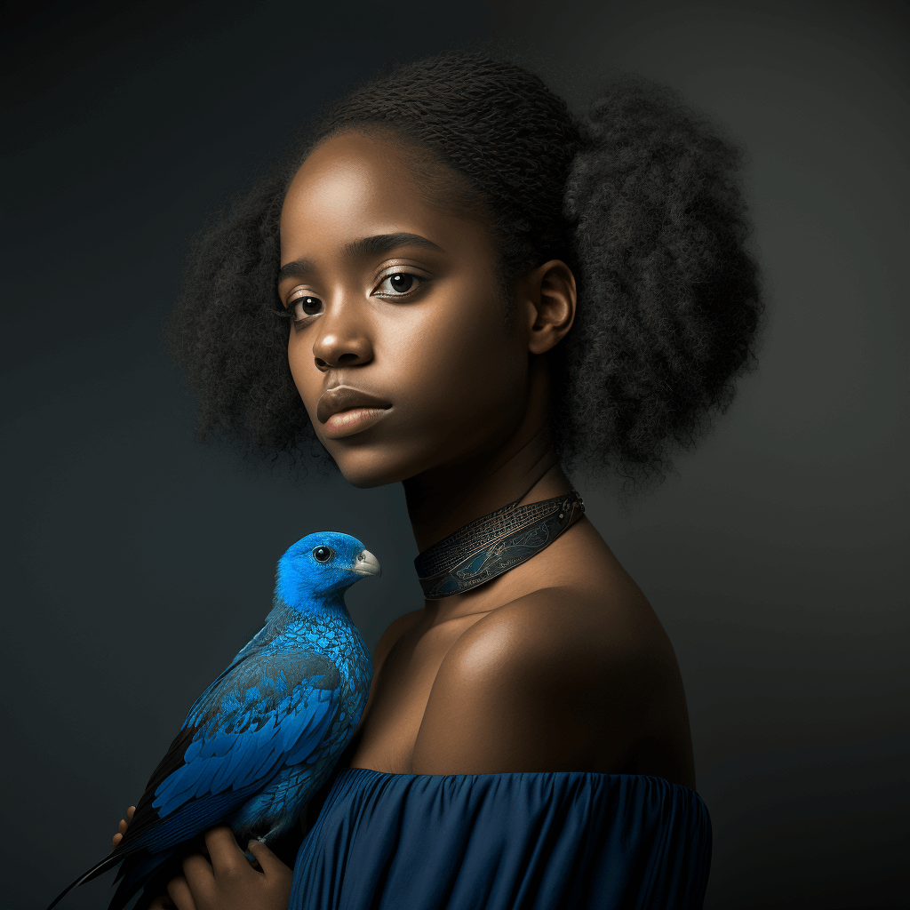 ElfadiliZoubair's tweet image. A little African girl stands against a black background, her hands softly holding a bluebird. Her expression is serious, yet peaceful. #AfricanGirl #BlueBird #ProfessionalPortrait
