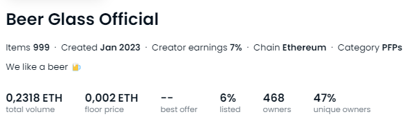 BeerGlassNFT's tweet photo. Only 6% listed 👀
A good sign for diamante hands 💎

Let's sweep up a little to raise the floor price 🍻

The best sweeper will be rewarded 🍺

#sweepcontest #NFT #beerglass https://t.co/tnVFiBUgCF