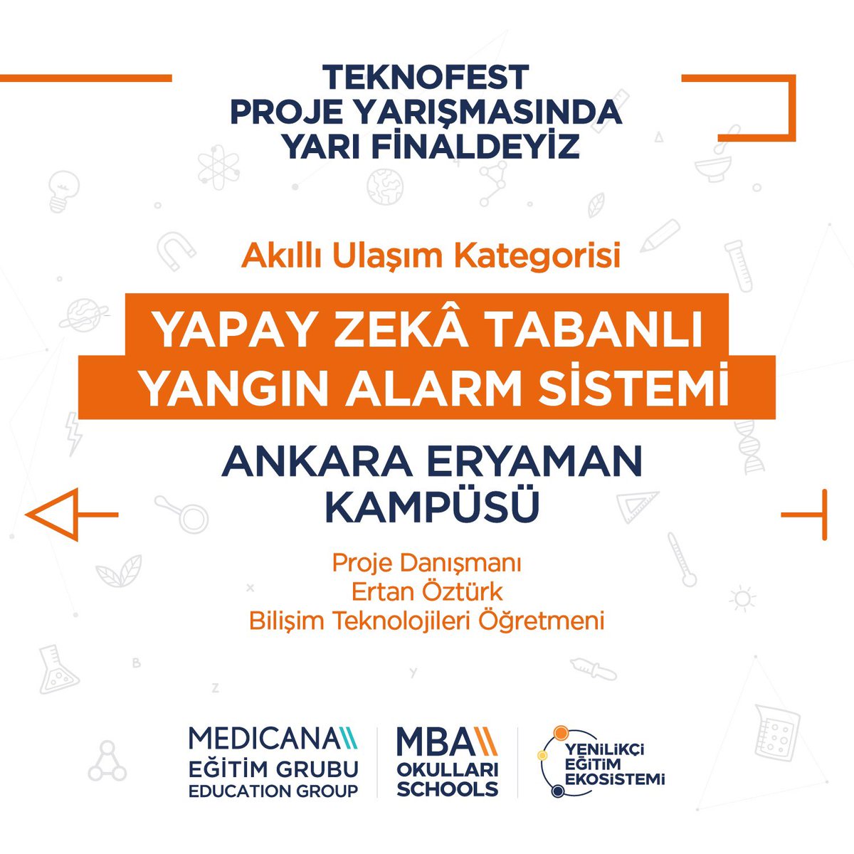 Türkiye'de düzenlenen havacılık, teknoloji ve uzay teknolojisi festivali olan Teknofest proje yarışmasında yarı finale kalan öğrencilerimiz ve öğretmenlerimizi tebrik ediyor, başarılar diliyoruz.

#MBAOkulları #MedicanaEğitimGrubu
#MBAYenilikçiEğitimEkosistemi #BaşarıTasarımı