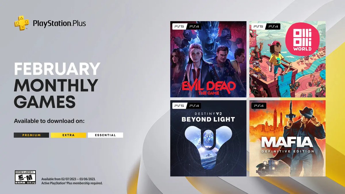 PlaysiLounge's tweet photo. #PSPlus |
Das sind die kostenlosen Games der Essential Stufe für Februar!
➡️ #EvilDeadTheGame
➡️ #OlliOlliWorld
➡️ #MafiaDefinitiveEdition
➡️ #Destiny2BeyondLight (DLC) https://t.co/NmO3rr81ip