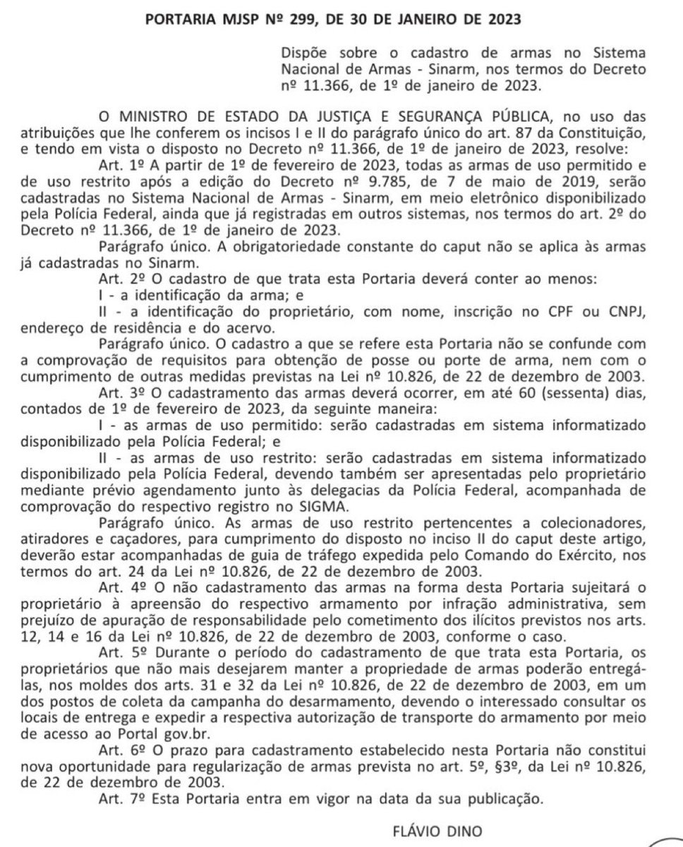 Em atendimento ao Decreto do presidente <a href="/LulaOficial/">Lula</a>, editei ontem Portaria que regulamenta o recadastramento geral de armas no Brasil. Queremos um Brasil em paz e que todos cumpram as leis.