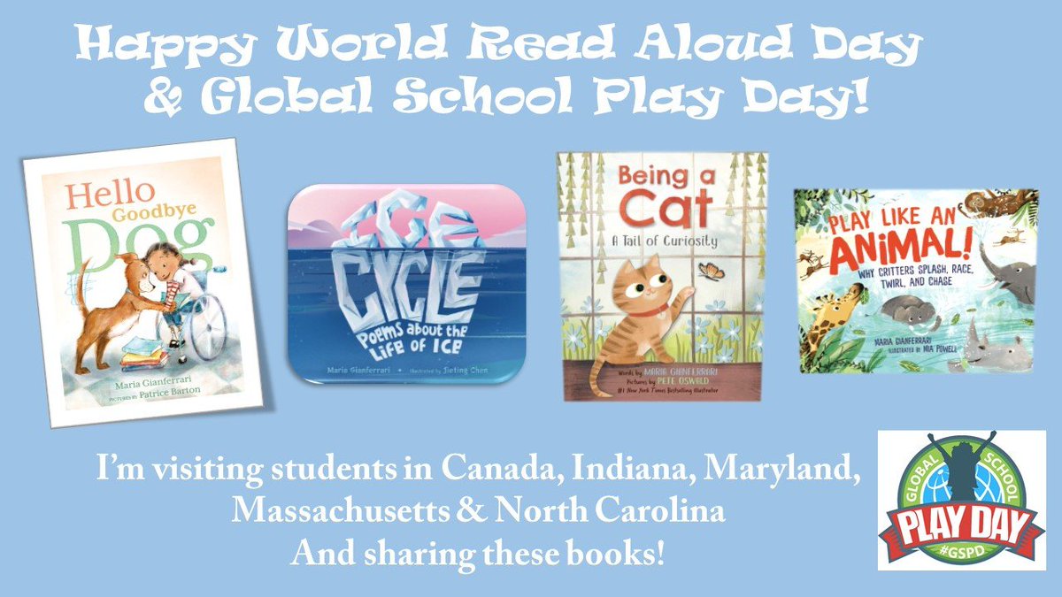 Happy #WorldReadAloudDay2023 & #GlobalSchoolPlayDay!  Sharing these titles with kids in Canada, IN, MA, MD & NC today! #hoorayforbooks 🥳📚🎆📚🎉📚🩵 & #playeveryday