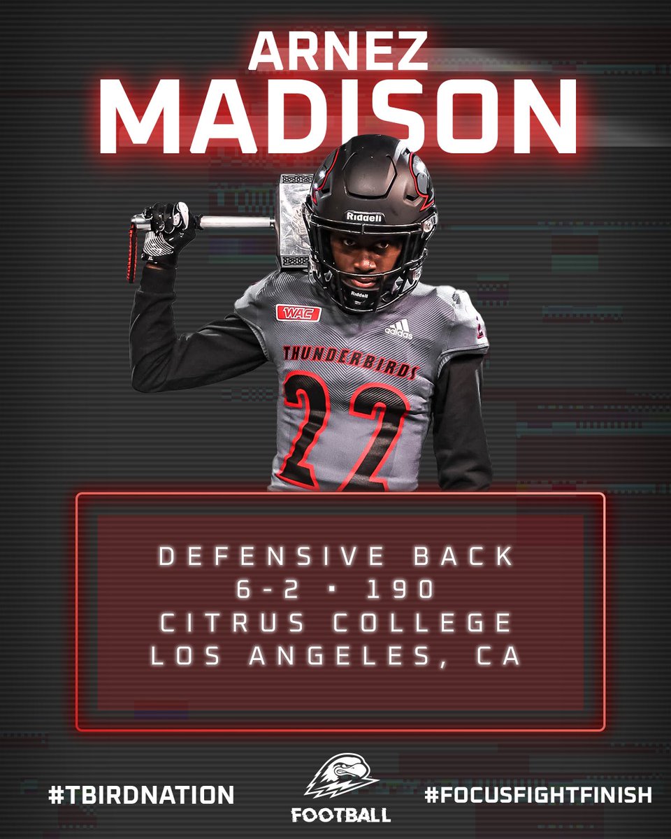 Southern Utah Football (@suufb_) on Twitter photo Welcome to T-Bird Nation, <a href="/arnez22madison/">Arnez Madison</a>
⚡️Transfer with 3 years of eligibility
⚡️16 tackles in '22
⚡️3 PBU in '22
#TBirdNation x #FocusFightFinish Welcome to T-Bird Nation, <a href="/arnez22madison/">Arnez Madison</a>
⚡️Transfer with 3 years of eligibility
⚡️16 tackles in '22
⚡️3 PBU in '22
#TBirdNation x #FocusFightFinish