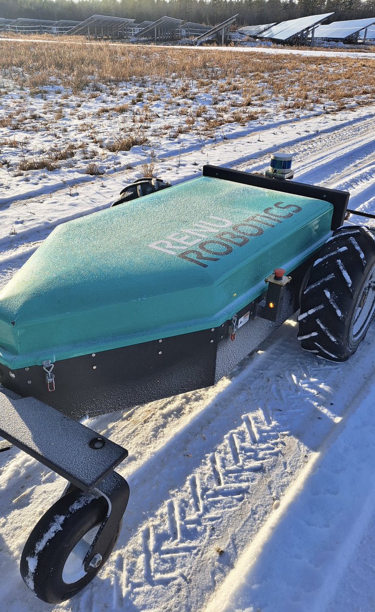 With wintry weather across much of the U.S., here’s a frosted Renubot in the Northeast traveling along. Spring is coming & learn how the Renubot can help with vegetation management at your solar facility at renubot.com. 📸 Sam Silva. #solarenergy #springiscoming