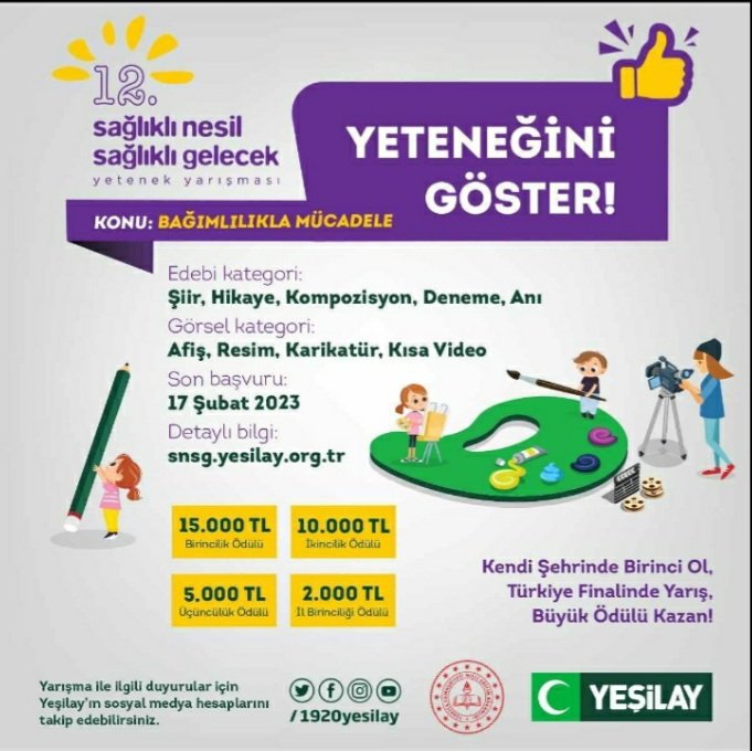 Mersinli gençler en çok eser katılımıyla rekora doğru gidiyor.💫👏👏Haydi gençler yarışmaya..."Sağlıklı Gelecek Sizler Bilinçlendikçe Daha da Güzelleşecek."
➡️snsg.yesilay.org.tr
➡️Son katılım:17.02.2023
<a href="/tcmeb/">Millî Eğitim Bakanlığı</a>
<a href="/suleymansoylu/">Süleyman Soylu</a>
<a href="/ahpehlivan53/">Ali Hamza Pehlivan</a>
<a href="/AdemKoca46/">Adem Koca</a>
<a href="/1920yesilay/">Yeşilay</a>
<a href="/MersinMEM/">Mersin İl Millî Eğitim Müdürlüğü</a>