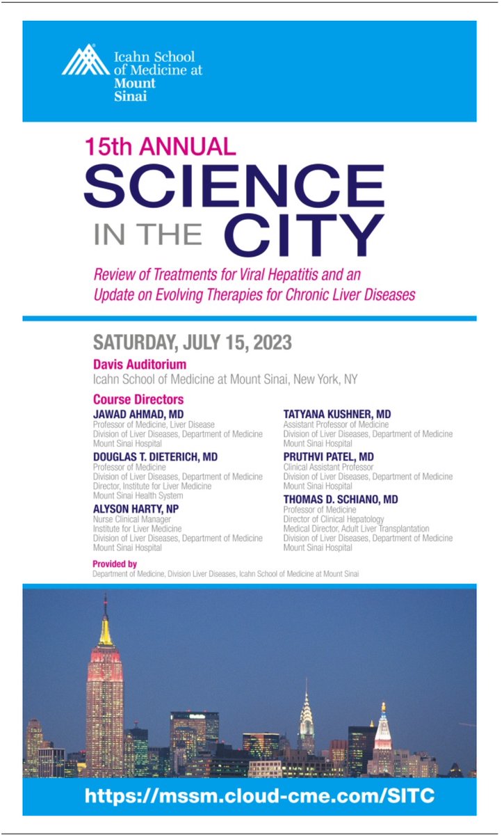 🗓️ Saturday, July 15, 2023, please join us for the 15th Annual Science in the City Symposia: Review of Treatments for Viral #Hepatitis and an Update on Evolving Therapies for #ChronicLiverDiseases. For registration: conta.cc/3XR73wG