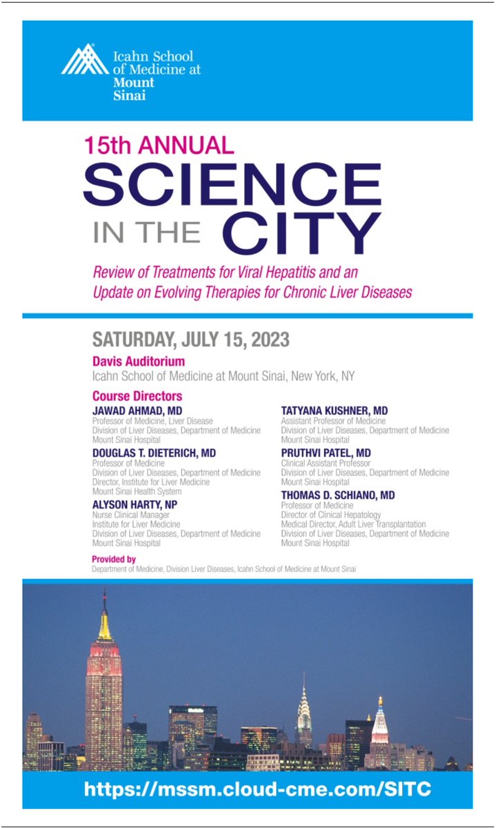 🗓️ Saturday, July 15, 2023, please join us for the 15th Annual Science in the City Symposia: Review of Treatments for Viral #Hepatitis and an Update on Evolving Therapies for #ChronicLiverDiseases. 
For registration: conta.cc/3XR73wG