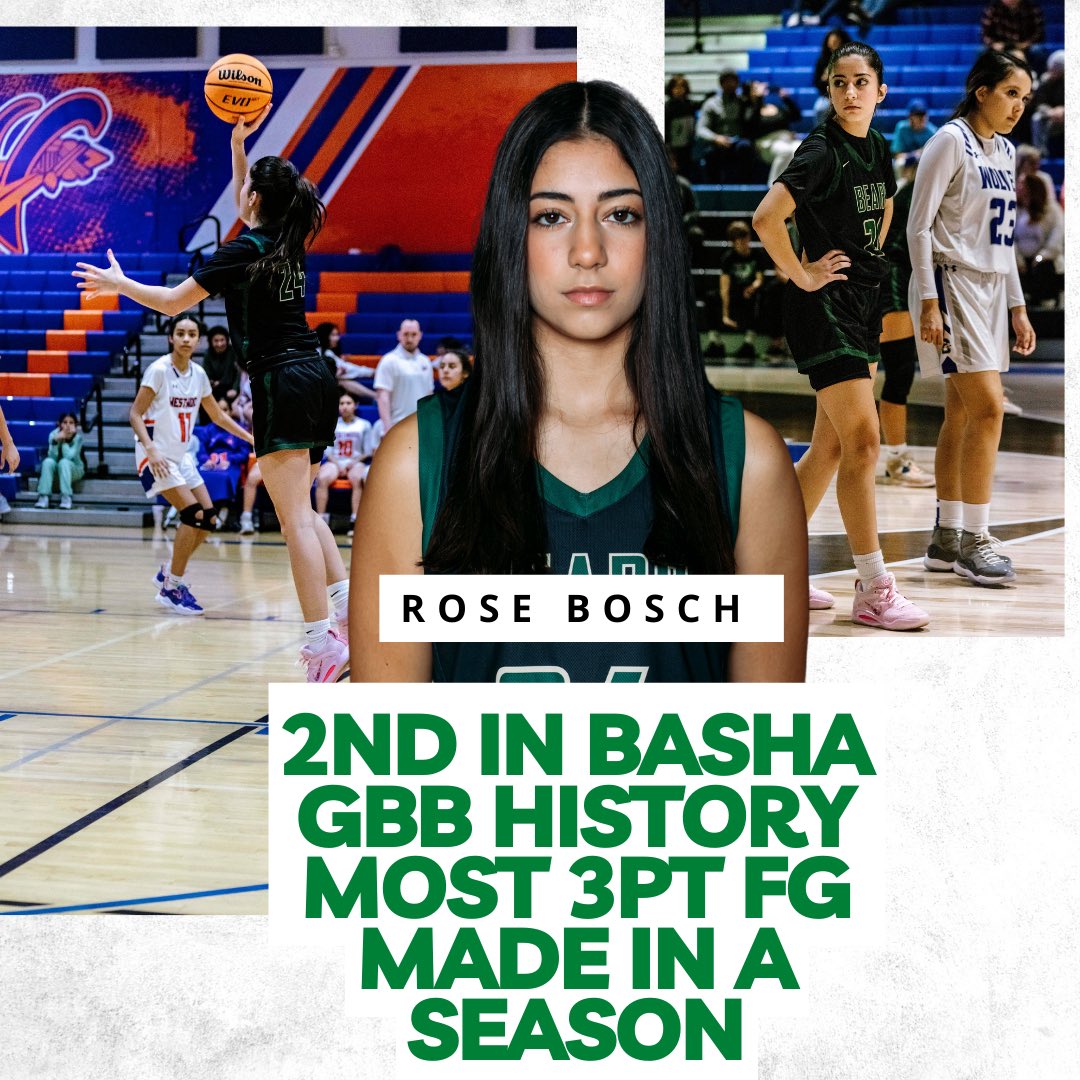 Congratulations to Freshman Rose Bosch for beating former Basha GBB Alumni Briana Benjamin (06-07) and Jacey Kitamura (13-14) records for most 3pt FG in a season with 26 3's made! Securing the spot last night!Such an amazing achievement! The future is bright! #buildingbasha 🐻💚