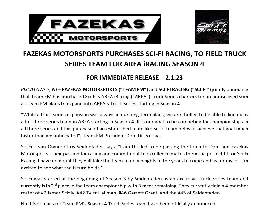 IT'S OFFICIAL. We are going Tuesday night truck racing starting Season 4 in <a href="/AREAiRacing/">AREA iRacing</a>! 

Thank you to <a href="/SciFiRacing/">SciFi Racing</a> for the opportunity.