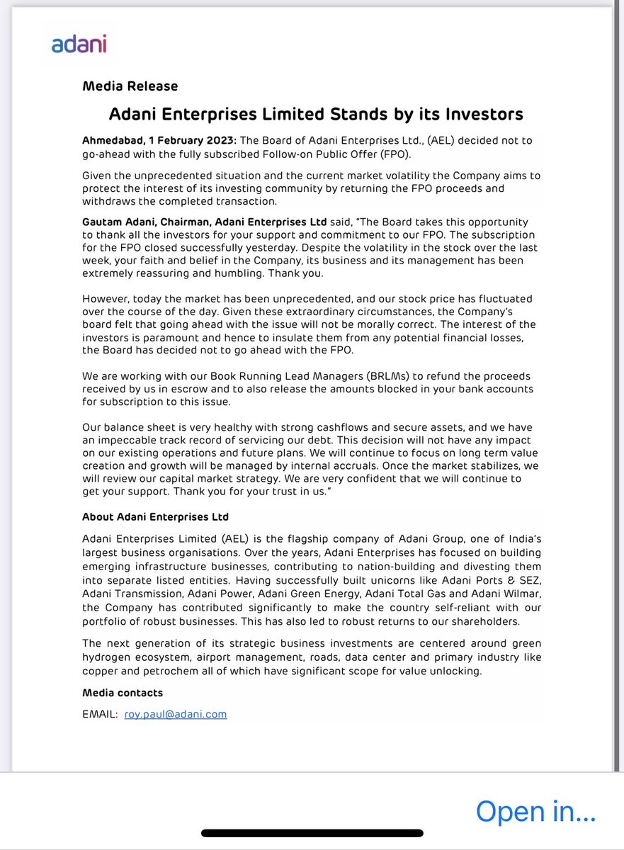 Ashish_4vedi's tweet photo. BIG BREAKING: Adani Enterprises decides not to go-ahead with the FPO. https://t.co/Enh3WmRDG5