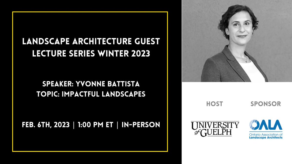 STUDIO tla (@studiotla) on Twitter photo STUDIO tla's Yvonne Battista will be a guest lecturer as part of a series hosted by <a href="/uofg/">University of Guelph</a> <a href="/SEDRD/">SEDRD</a> featuring a line-up of internationally renowned #LandscapeArchitects: <a href="/fieldoperations/">Field Operations</a> <a href="/west8design/">West 8</a> and Dobbins International: buff.ly/3wKbfCH Thanks to sponsor <a href="/OALA_ON/">OALA</a> STUDIO tla's Yvonne Battista will be a guest lecturer as part of a series hosted by <a href="/uofg/">University of Guelph</a> <a href="/SEDRD/">SEDRD</a> featuring a line-up of internationally renowned #LandscapeArchitects: <a href="/fieldoperations/">Field Operations</a> <a href="/west8design/">West 8</a> and Dobbins International: buff.ly/3wKbfCH Thanks to sponsor <a href="/OALA_ON/">OALA</a>