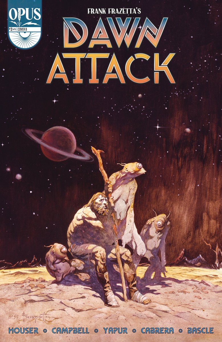 OpusPublishing's tweet photo. Frank Frazetta's #DAWNATTACK issue #2 is IN STORES TODAY! Head to your local comic shop and add it to your collection 🤘 Cover A) by @Diego_Yapur, Cover B) by #FrankFrazetta himself, Cover C) by @DanLawlis, & Cover D) artwork by @JosephLinsner 💀 @frazettagirls https://t.co/zXadeJnkdK