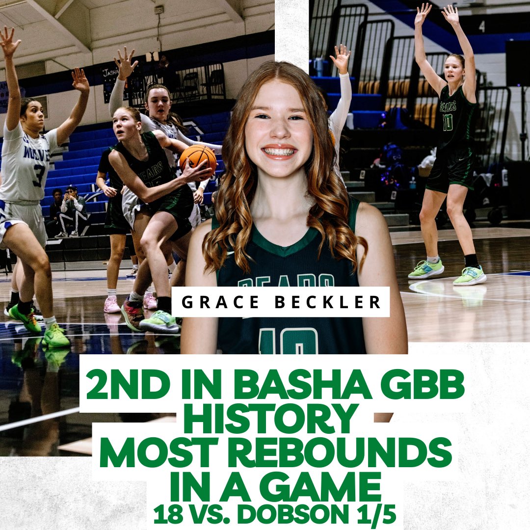 Congratulations to Freshman Grace Beckler for beating former Basha Alumni Hayley Pryor (13-14) record for most rebounds in a game with her electric performance against the Dobson. She has already over 200 rebounds this season! #buildingbasha 
💚🐻