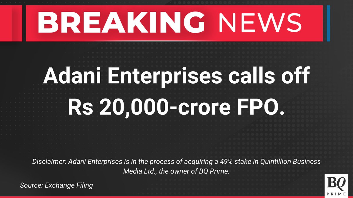 NDTVProfitIndia's tweet image. #AdaniEnterprises has called off its FPO. 

For the latest news and updates, visit: bqprime.com
