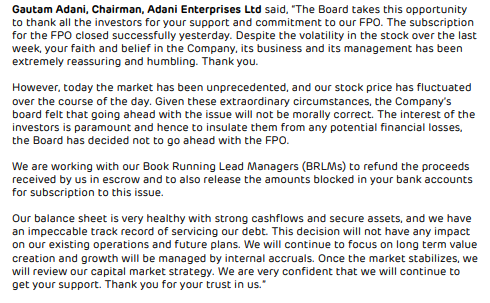 #Breaking | Adani Ent says it won't proceed with the #FPO 

#AdaniEnterprises https://t.co/geDhN5Mo0...