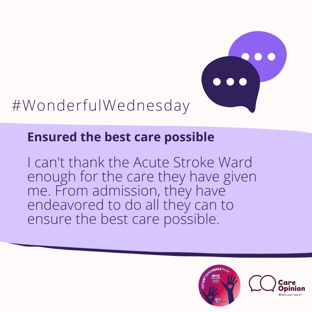 NHS Ayrshire & Arran (@nhsaaa) on Twitter photo Lovely feedback for the Acute Stroke Ward team.
"This is truly a wonderful department, with an impeccable standard of care."
 
Read more at ➡️ careopinion.org.uk/1000783 Lovely feedback for the Acute Stroke Ward team.
"This is truly a wonderful department, with an impeccable standard of care."
 
Read more at ➡️ careopinion.org.uk/1000783