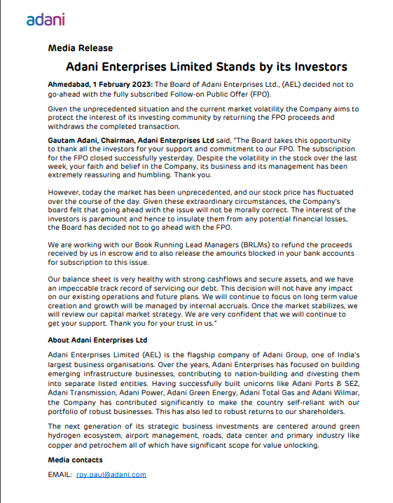 ANI's tweet photo. Board of Directors of the Company at its meeting held today decided in the interest of its subscribers, not to proceed with the FPO of equity shares aggregating up to Rs 20,000 Cr of face value Rs 1 each on partly paid-up basis, which was fully subscribed: Adani enterprises https://t.co/08Wrknkk6k