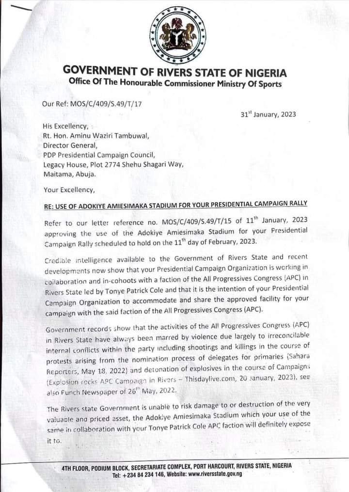 only1topboyy's tweet photo. Rivers State Government has withdrawn it’s approval for Atiku’s campaign rally in Port Harcourt. https://t.co/ea0PioZabv
