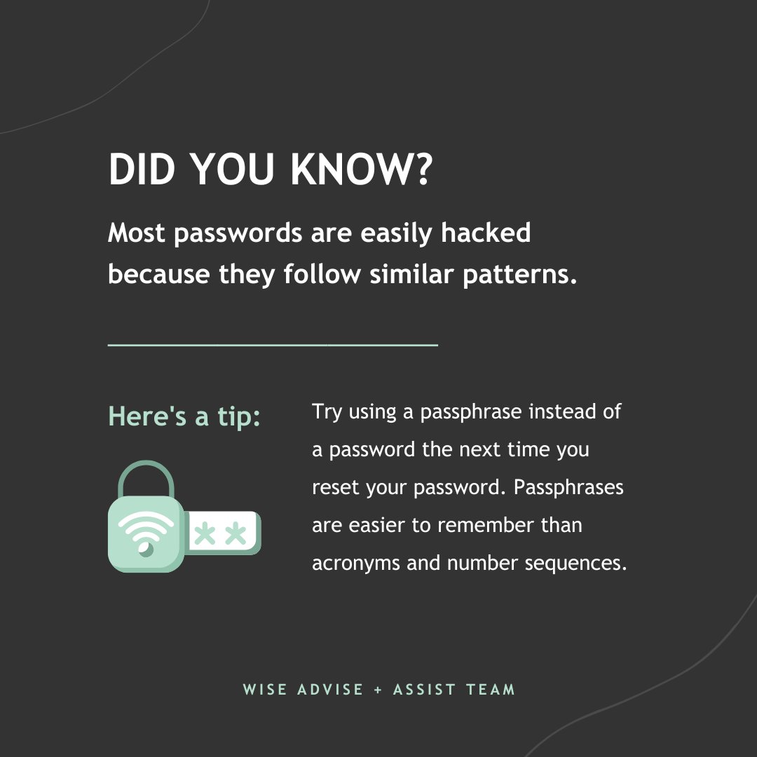 WISEAdviseTeam's tweet image. Stop us if this sounds like one of your passwords: 

Uses the numbers 1 and 2 at the end
Uses a personal name or hobby

If you&apos;re looking for a safe and reliable way to keep track of your passwords, check out LastPass!

#PasswordTips #ResetYourPassword