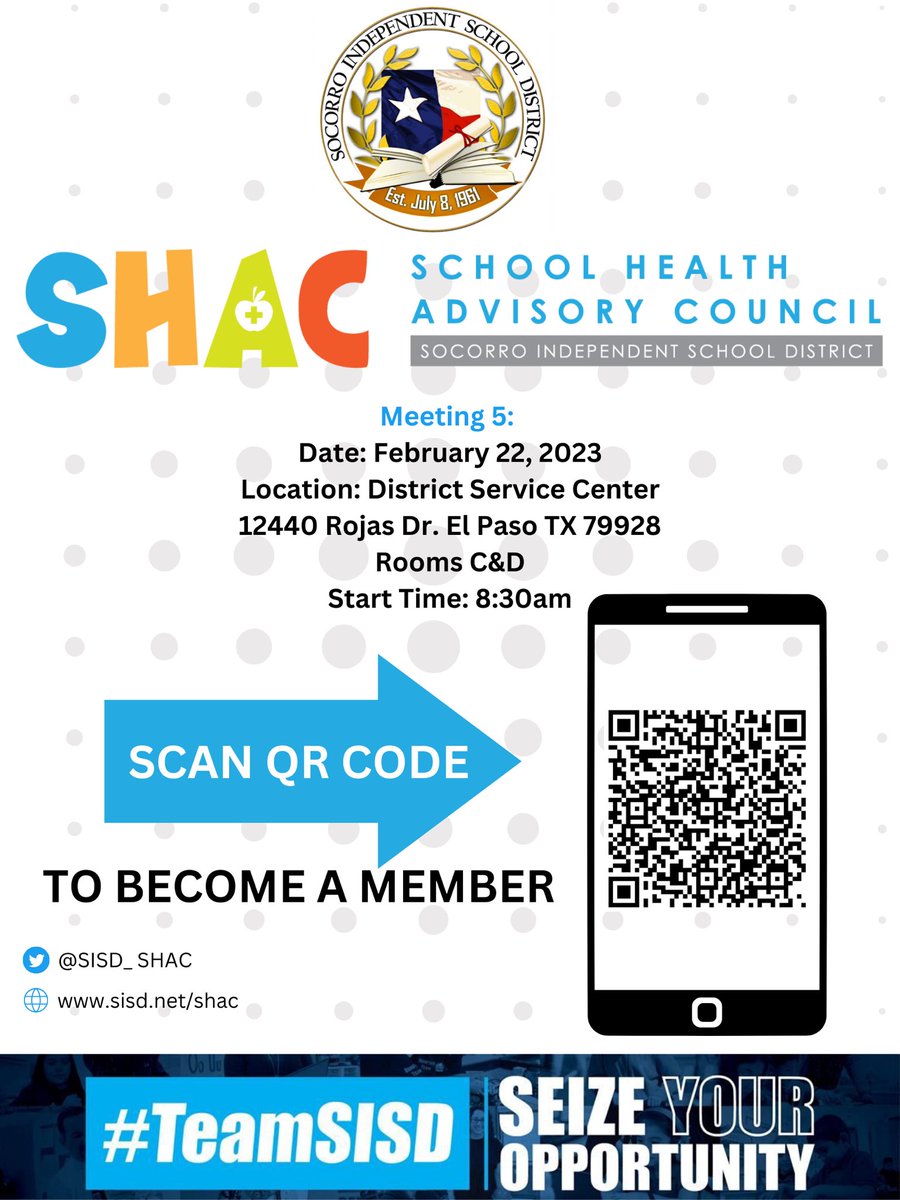 We invite you to join us for our upcoming SHAC meeting on Feb 22. We will have a SISD HS student panel talking about health concerns within our schools, district, and community. @rizospeakslife will also be presenting to our council! You WON’T want to miss this! 🗓️