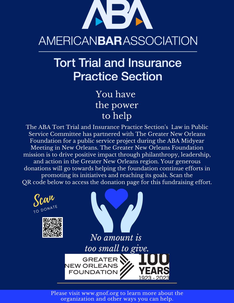 ABATIPS's tweet photo. TIPS Law in Public Service Committee has partnered with The Greater New Orleans Foundation for a public service project during the ABA Midyear Meeting in New Orleans. 

Donate: https://t.co/XBsTd2tW8Z

Learn More: https://t.co/rZ8as3179L https://t.co/3RdTEIjeGO