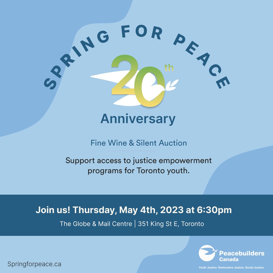 🕊️Spring for Peace is BACK! Mark your calendars on May 4, 2023 for the 20th annual #S4P2023 at the Globe and Mail Centre in Toronto. Save the date and stay tuned for more information!
🕊️ springforpeace.ca #wineauction #vintagewine #finewine #wine #fundraising #YouthJustice