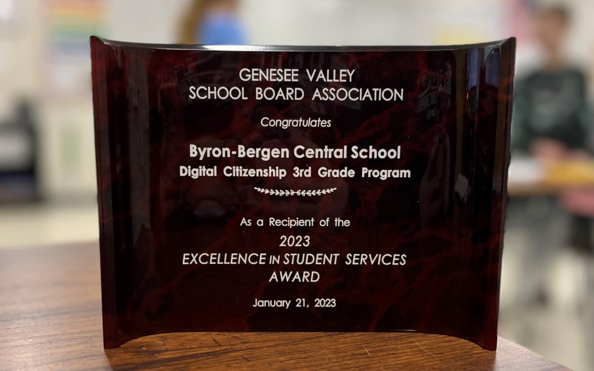 BBES proudly announces that the Genesee Valley School Board Association awarded BBCSD the Excellence in Student Services Award for the 3rd Grade Digital Citizenship Program. <a href="/chardenbrook3rd/">Colleen Hardenbrook</a>
#BEtheLIGHT #bbpride