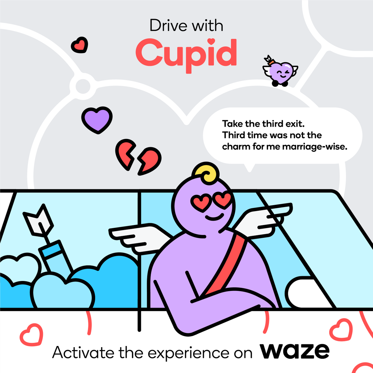waze's tweet photo. The greatest matchmaker of all time, Cupid, is here to guide you through the ups and downs of love and the road.

Activate the experience on mobile now: https://t.co/szXnr2Fmke https://t.co/s4PqZpAhSv
