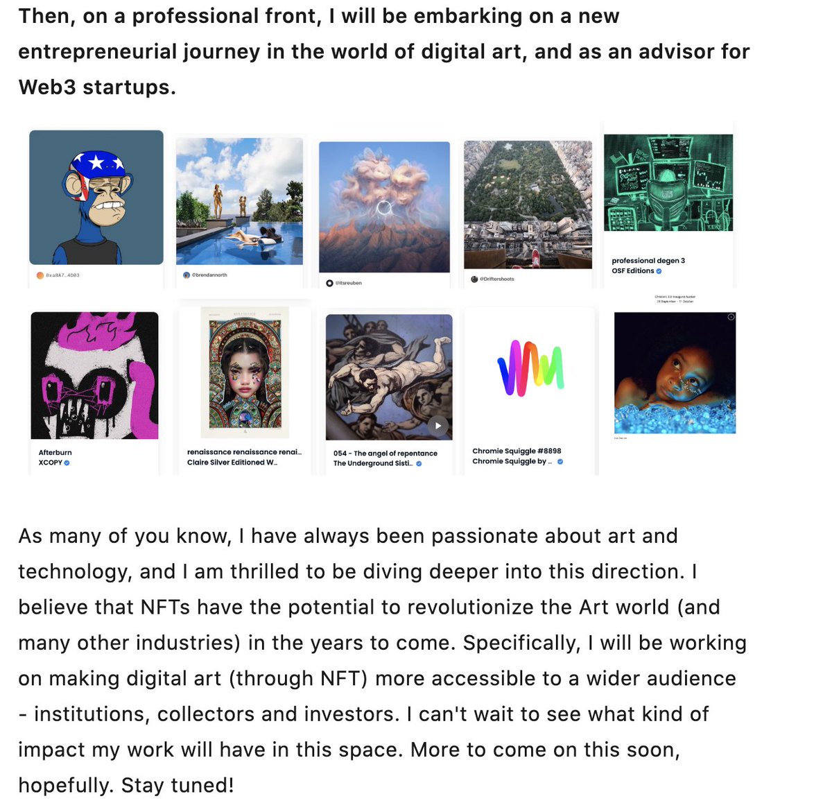 [Breaking] After 6 amazing years at <a href="/Ledger/">Ledger</a> I'm leaving the company &amp; embarking on a new project in  digital art.

My goal is to make digital art more accessible to institutions, collectors &amp; investors. 

More info in that post below. 👇