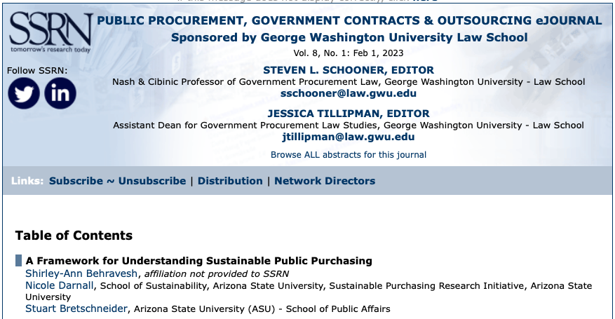 Many thanks to the SSRN's Public Procurement, Government Contracts & Outsourcing eJournal Team for profiling our recently published paper on #SustainablePublicPurchasing! You can access the full article here: bit.ly/3JwRohV #sustainablepublicprocurement #greenpurchasing