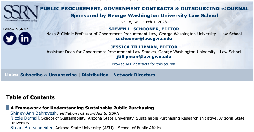 drdarnall's tweet photo. Many thanks to the SSRN's Public Procurement, Government Contracts &amp; Outsourcing eJournal Team for profiling our recently published paper on #SustainablePublicPurchasing! You can access the full article here: https://t.co/cotKm6ZkUs

#sustainablepublicprocurement #greenpurchasing https://t.co/57ijcSMGfW