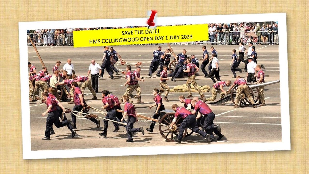 HMS_Collingwood's tweet photo. Save the date - HMS Collingwood Open Day Saturday 01 July 2023.

Enjoy a rare behind-the-scenes look at the Royal Navy's largest training establishment and share in the thrills of the RNRMC Field Gun Competition! https://t.co/Ns1z5i1sHA