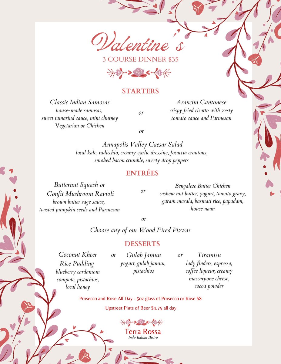 We invite you to join us for our special Valentine’s Day events. 5 evenings of delightful romance, food & wine with a 3 course menu created by chef Dakota. 

Friday 10th - Tuesday 14th of February

Open seating from open - close.

#valentines #valentinesdinner #wolfville
