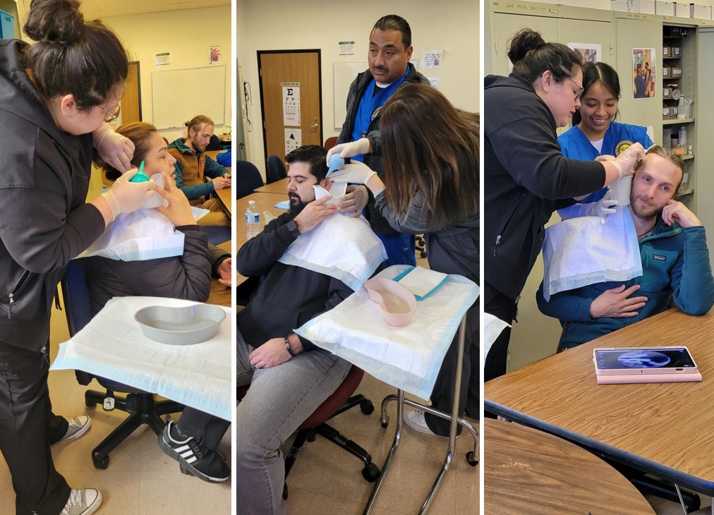 vta_adult_ed's tweet photo. Our Medical Assistant students practicing ear irrigation skills with fellow students. 
Thank you to our volunteers, Maria and Mark from Accounting and Sean from CAD. 
#vace805 #VUSDstrong #JobTraining #CareerTechEd
#medicalassistant, #medicalassistants, #medicalassistantstudent https://t.co/b2OSUfc3wY
