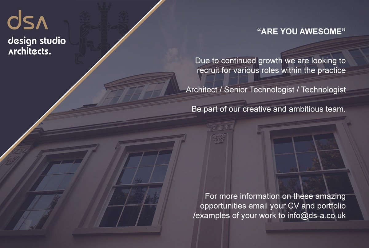 designstudioarc's tweet photo. Due to continued growth and expansion, a brilliant opportunity for various Architectural Roles at Design Studio Architects Ltd to join a progressive and fast growing company are now live.
#architecturalvacacny #technologist #architecturaltechnologist #jobs #newrole #teamDSA https://t.co/lduBKMGGOZ