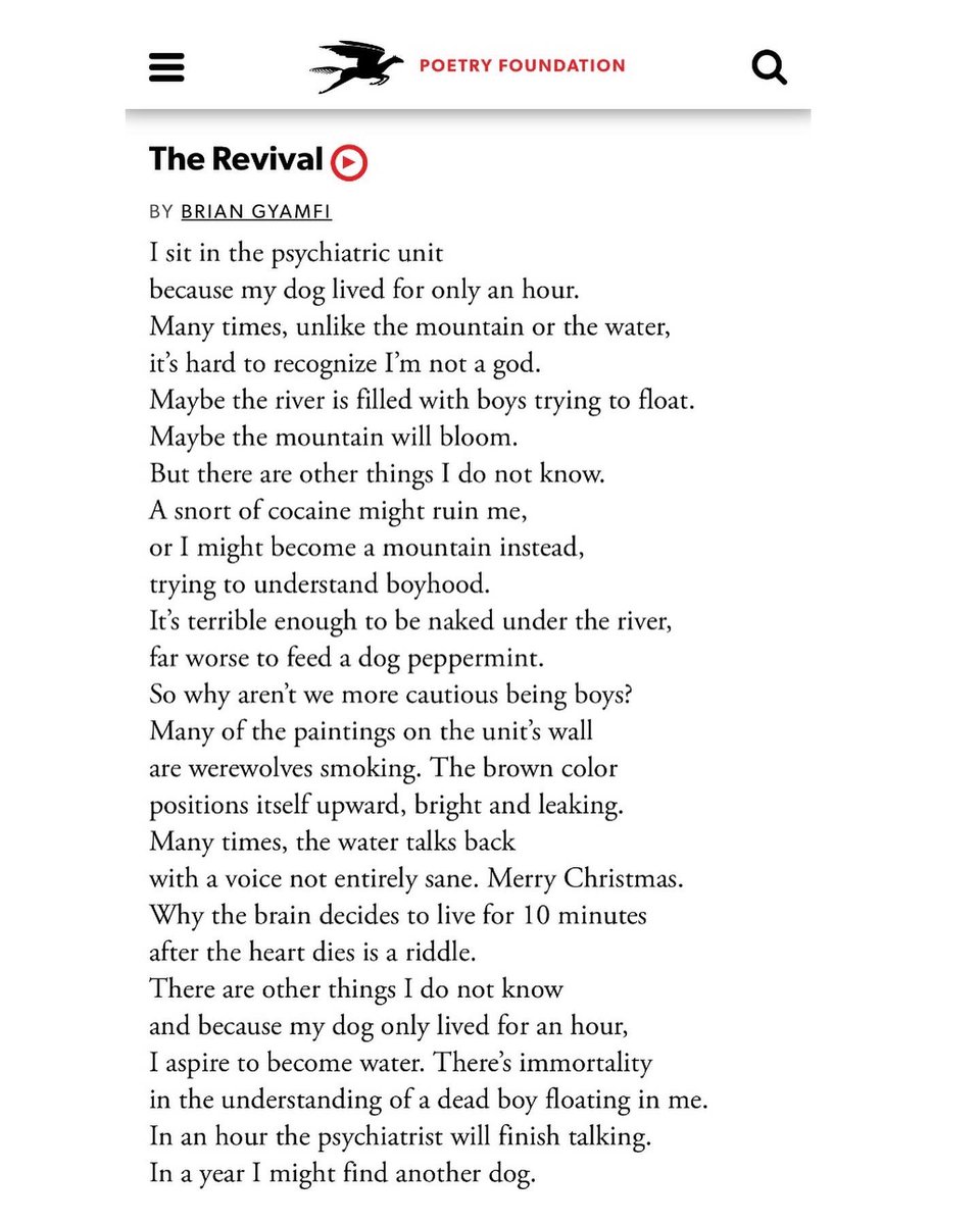 brian_gyamfi's tweet image. Excited to share two new poems on @poetrymagazine. Much gratitude to @adrian_matejka, Holly, Lindsay, and the entire editorial team.
—
Audio version: poetryfoundation.org/poets/brian-gy…